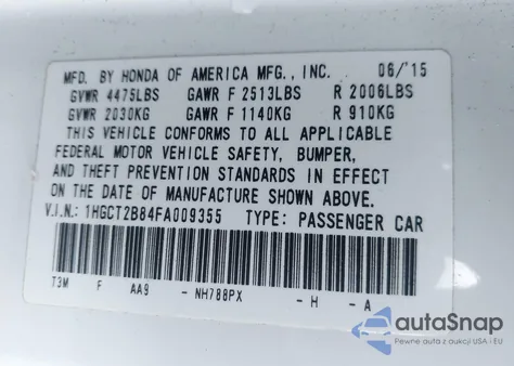 2015 Honda Accord Ex-L V-6 z USA, uszkodzony, nr VIN 1HGCT2B84FA009355